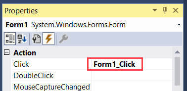 Properties > Action > Click